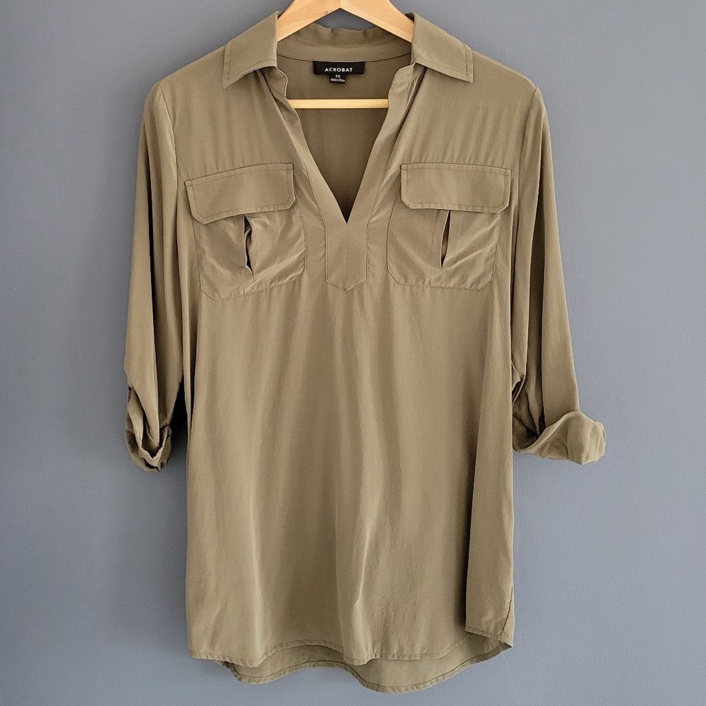 Acrobat 100% Silk Blouse - Olive Green - XS